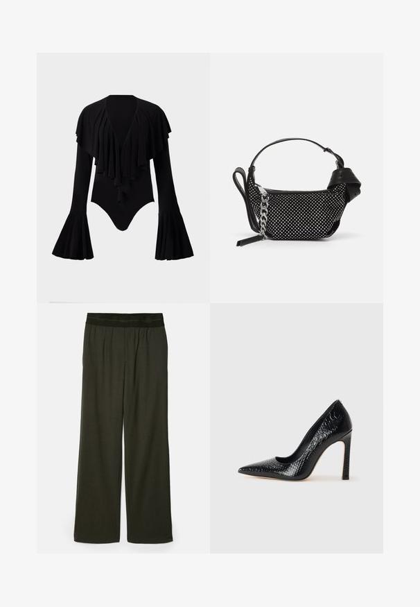 Schwarzer Langarm-Body mit tiefem V-Ausschnitt, geschichteten Rüschendesign über der Brust und Glockenärmel. Glatter, elastischer Stoff.; Dunkelgrüne, weit geschnittene Hosen mit glatter Textur, elastischem Bund und ohne sichtbare Muster oder Akzente.; Schwarzer, spitz zulaufender High Heel mit Krokodilleder-Struktur, elegantem Design, hohem Stiletto-Absatz und glattem schwarzen Innenraum.; Schwarze Handtasche mit Nietenverzierungen, einer Kettenriemen und einem glatten Ledergriff, in runder Form und mit einem Reißverschlussfach.