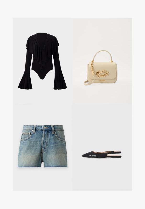 Zwarte long-sleeve body met een diepe V-hals, gelaagde ruches op de borst en klokmouwen. Glad, rekbaar materiaal.; Leren denim shorts in lichtblauw, met een hoge taille, gefranjorde zoom en traditionele vijf-pocket stijl met metalen hardware.; Zwarte slingback ballerina's met spitse neuzen, gemaakt van glad materiaal. Kenmerkt zich door de witte "LOVE MOSCHINO" branding en een minimalistisch ontwerp.; Beige neplederen handtas met een bovenhandvat en kettingband. Beschikt over een gouden "love" logo en metallic accenten. Gladde textuur en rechthoekige vorm.