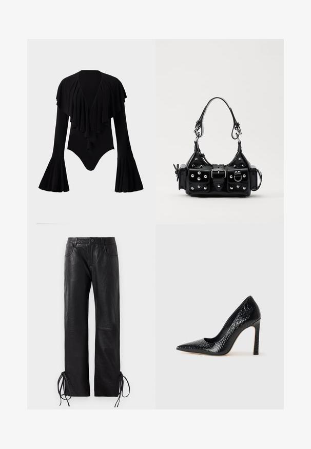 Black long-sleeve bodysuit with a deep V-neck, layered ruffle design across the chest, and bell sleeves. Smooth, stretchy fabric.; Black leather trousers featuring a slightly textured finish, straight-leg cut, and adjustable laces at the hem for customizable fit.; Black pointed-toe high heel shoe with a crocodile-skin texture, featuring a sleek design, high stiletto heel, and smooth black interior.; Black leather handbag with a curved design, featuring silver studs, a buckle, and two side pockets. Adjustable strap for carrying options.