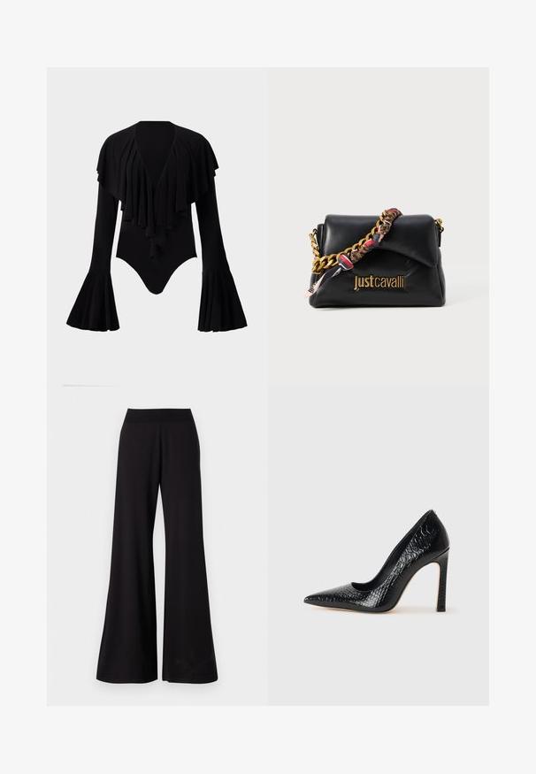 Svart langermet bodysuit med dyp V-hals, lagdelt volangdesign over brystet og trompet ermer. Glatt, elastisk stoff.; Svarte vide bukser laget av glatt stoff med høy, elastisk midje. Bukser har full lengde og et enkelt design uten mønstre.; Sorte spiss-tå høye hæler med krokodilleskinn tekstur, har et elegant design, høy stiletthæl og glatt svart interiør.; Svart lærveske med en gullkjede-rem, med et mønstrete tekstilaccent og en logo preget på forsiden.