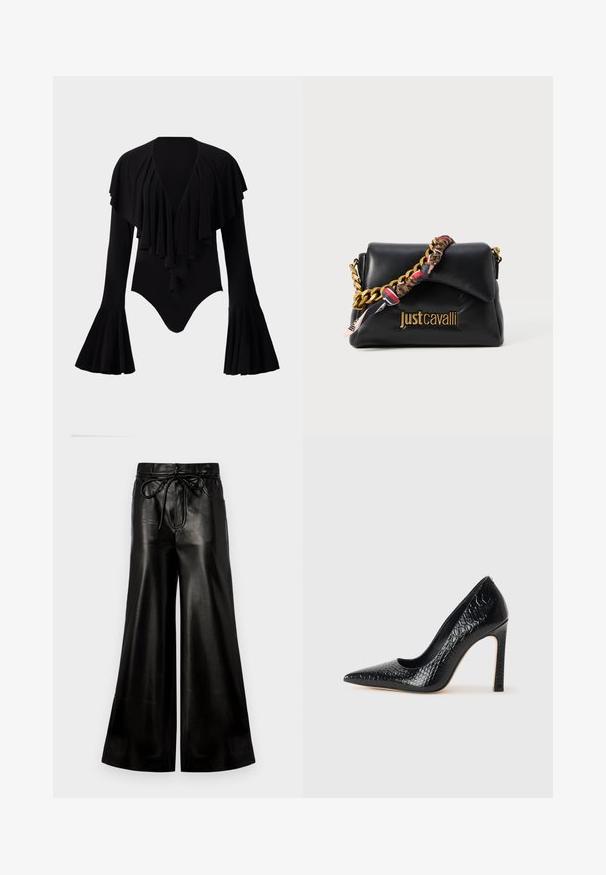 Čierny bodysuit s dlhým rukávom a hlbokým V-výstrihom, s vrstveným systémom volánov cez hruď a zvonovými rukávmi. Hladká, elastická tkanina.; Široké nohavice z čiernej kože s nastaviteľným pásom. Hladká textúra, vysoký pás, voľný strih, s bočnými vreckami a zapínaním na gombík.; Čierna lodička s špicatou špičkou a lakovanou textúrou krokodíla, s elegantným dizajnom, vysokým stiletto podpätkom a hladkým čiernym interiérom.; Čierna kožená kabelka so zlatým reťazovým popruhom, s vzorovaným látkovým akcentom a so zlatým logom embosovaným na prednej strane.
