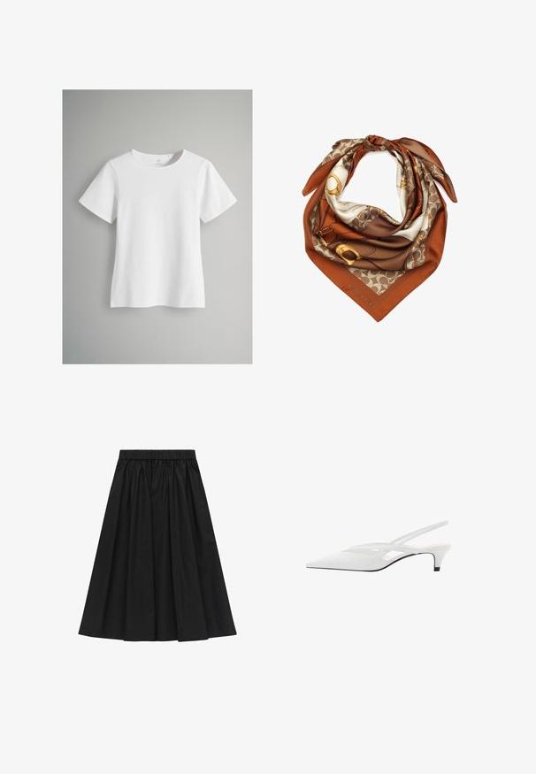 Biała koszulka z krótkim rękawem wykonana z miękkiej bawełny. Posiada okrągły dekolt i prosty krój, z minimalnymi detalami szycia i bez wzorów.; Czarna spódnica do kolan z elastycznym paskiem w talii, wykonana z teksturowanej tkaniny, z zaszyciami, co nadaje jej objętościowy kształt.; Biała szpilka na odkrytej pięcie z ostrym noskiem, charakteryzująca się gładką cholewką, subtelnymi wycięciami i niskim obcasem w kształcie bloku. Czarna podeszwa podkreśla design.; Jedwabny szal z brązowym i kremowym wzorem, z złotymi akcentami. Wykończone krawędzie oraz etykieta marki "COACH" w rogu. Trójkątny kształt.