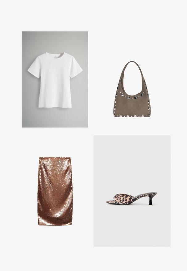 Witte korte mouw t-shirt van zacht katoen. Bevat een ronde halslijn en een rechte snit, met minimale stikdetails en geen patronen.; Bruine pailletten minirok, gladde textuur, aansluitend ontwerp, glanzende afwerking met reflecterende pailletten dicht op elkaar geplaatst, geen zichtbare naden of zakken.; Luipaardprint muiltjes met een lage, zwarte stilettohak. Bovenwerk van zacht materiaal met een knoopdetail aan de voorkant en een gladde, platte zool.; PULL&BEAR SHOPPER - Shopper - grey
