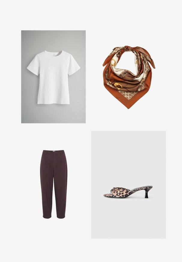 White short-sleeve t-shirt made of soft cotton. Features a crew neckline and a straight cut, with minimal stitching details and no patterns.; Dark brown, high-waisted trousers with a relaxed fit, pleated front, and tapered leg, featuring a smooth texture and no visible hardware.; Leopard-print mules with a low, black stiletto heel. Soft fabric upper featuring a knot detail at the front and a smooth, flat sole.; Silk scarf featuring brown and cream pattern, with gold accents. Finished edges and branded "COACH" label in the corner. Triangular shape.; Black suede tote bag with a V-shaped design, flat handles, and a gold accent zipper pull. Soft texture, minimalist style, and no visible hardware.