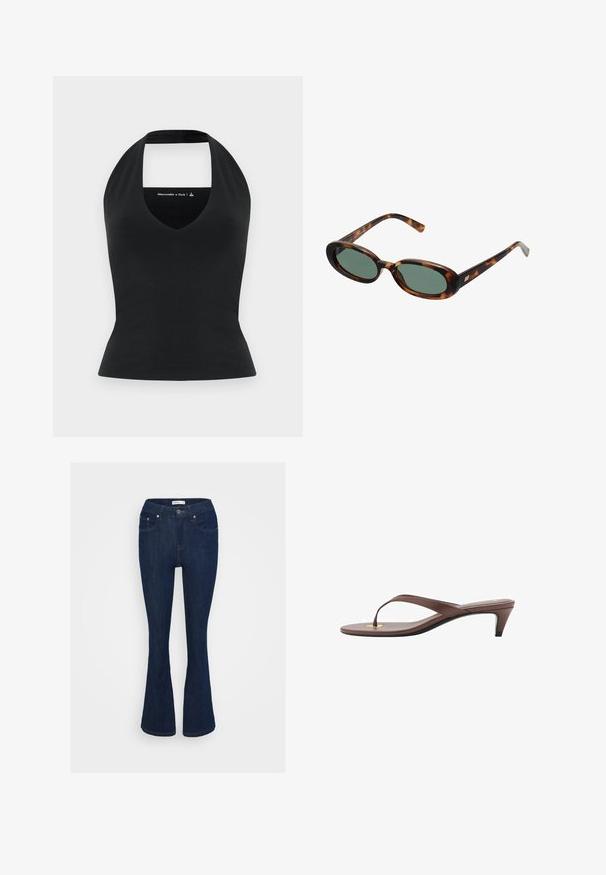 Black halter top with a deep V-neck and an open back, made from a smooth fabric, fitted silhouette, minimal branding in a contrasting color.; Dark blue denim flared jeans with a classic five-pocket design, metal button closure, and stitching accents on the pockets.; Brown heeled flip-flop sandal with a slender strap and rounded toe post, featuring a small gold accent on the footbed.; Tortoiseshell sunglasses with oval frames and green lenses. Features thin arms with a metallic accent near the hinges.