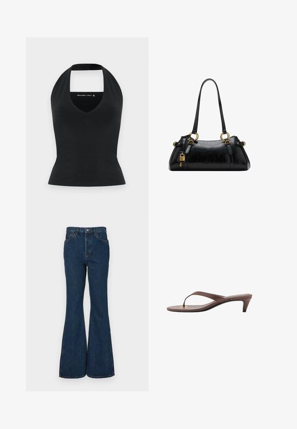 Czarny top na ramiączkach z głębokim dekoltem w kształcie litery V i odkrytymi plecami, wykonany z gładkiego materiału, dopasowany krój, minimalne logo w kontrastowym kolorze.; Ciemnoniebieskie dżinsy w stylu dzwonów, wykonane z denimu. Charakteryzują się wysokim stanem, pięcioma kieszeniami oraz kontrastowym przeszyciem. Gładka tekstura i staranne wykończenie.; Brązowe sandały na obcasie w stylu klapek z wąskim paskiem i zaokrąglonym palcem, z małym złotym akcentem na wkładce.; Czarna skórzana torebka o gładkiej fakturze, zaokrąglonym kształcie, złotych akcentach metalowych i podwójnych uchwytach. Posiada dekoracyjny zamek z boku.