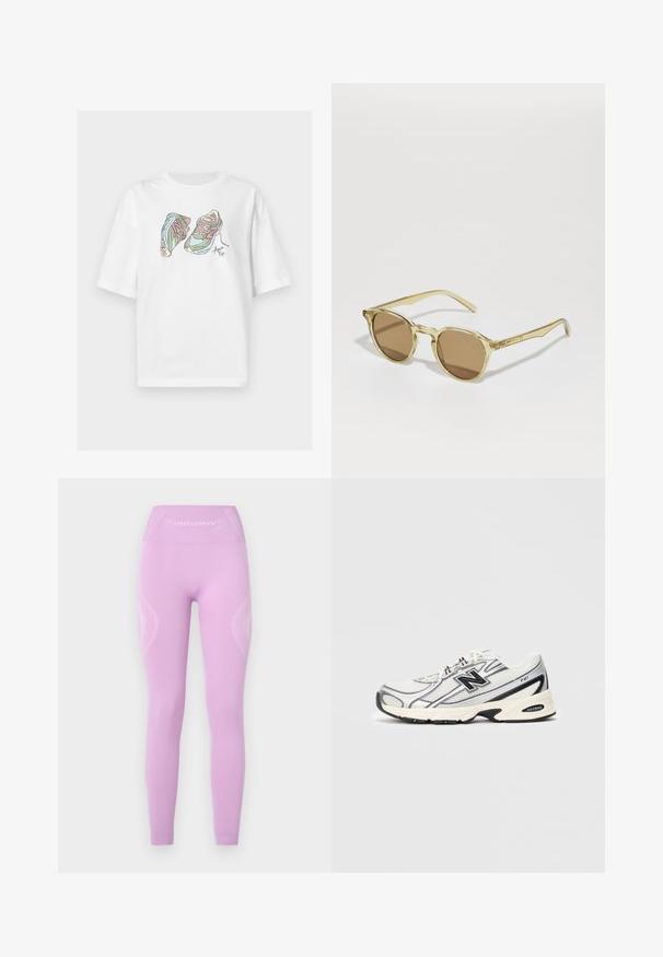White t-shirt featuring a colorful graphic of two sneakers with pink and green accents, drawn in a line-art style.; Light purple leggings featuring a high waistband, textured side panels, and subtle logo detail on the front, made from stretchy fabric.; White and gray athletic sneaker with black "N" logo, mesh upper, cushioned sole, and lace-up design, shown on plain light gray background.; Sunglasses with round, transparent yellow frames and brown lenses. Features slim, straight temples with subtle branding.