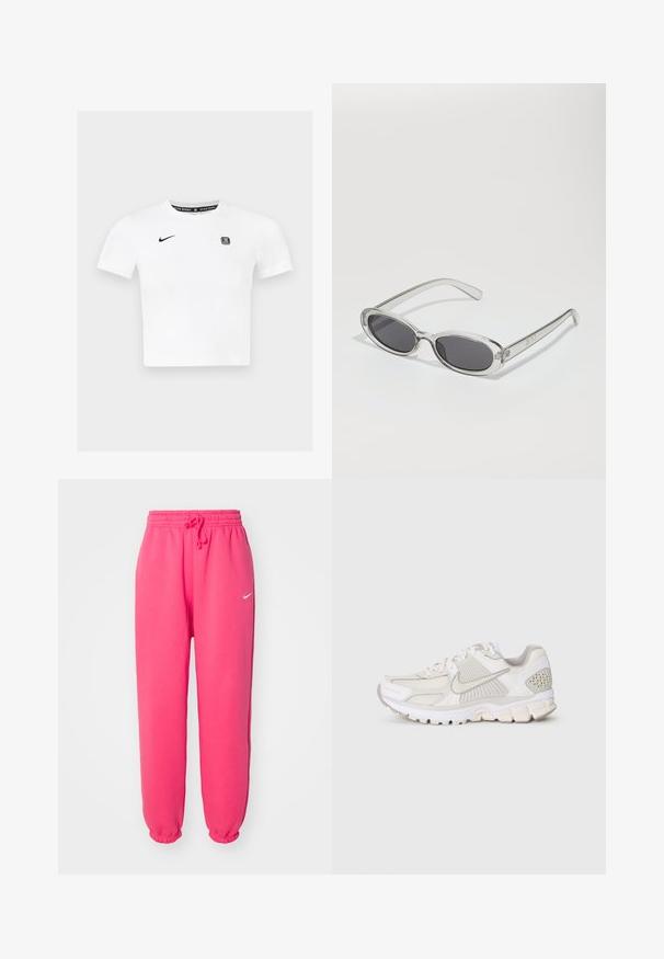 Valkoinen lyhythihainen t-paita, jossa on pyöreä kaula-aukko, musta Nike-logo vasemmassa rinnassa ja graafinen etiketti kauluksessa.; Nike Sportswear PANT - Verryttelyhousut - aster pink/sail; Valkoinen urheilukenkä, jossa on verkko- ja synteettisiä materiaaleja. Sisältää kuviollisen muotoilun, pehmeän kauluksen ja geometrisia yksityiskohtia kantapäässä.; Aurinkolasit, joilla on soikea muoto, kirkas muovikehys, tummanharmaat linssit ja ohuet läpinäkyvät varret, joissa on logovihjeitä ja minimaalista yksityiskohtia.