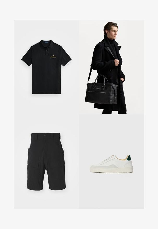 Polo noir en coton, avec un col classique, des manches courtes et un logo "Ralph Lauren" brodé en or sur la poitrine.; Shorts cargo noirs en tissu léger, dotés de plusieurs poches, d'une fermeture à bouton et d'une coupe décontractée avec une longueur arrivant au genou.; Baskets blanches avec des accents en daim, bout arrondi, lacets plats et semelle en caoutchouc crème. Présente une marque verte sur le talon.; Sac de sport en cuir noir avec poignées supérieures et bandoulière amovible. Surface texturée, poche zippée à l'avant et détail de branding minimal.