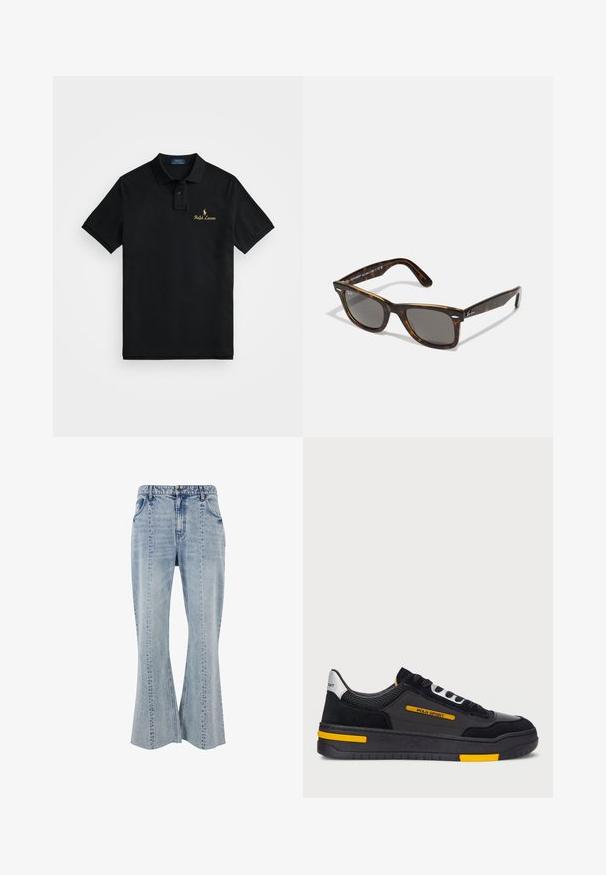 Polo negru din bumbac, cu guler clasic, mâneci scurte și un logo „Ralph Lauren” brodat în aur pe piept.; Jeans evazați de denim de un albastru deschis, cu detalii la buzunarele din față, cusături vizibile și un talie cu bucle pentru curea. Design clasic cu cinci buzunare.; Adidași negri cu un superior din suede și plasă, accente galbene și o talpă groasă neagră. Închidere cu șireturi și branding "POLO SPORT" pe lateral.; Ochelari de soare cu montură din scoică de țestoasă, cu lentile gri și ramă pătrată, prezentând accente metalice pe brațe și logo-ul inclus în design.