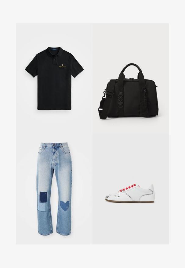 Polo negru din bumbac, cu guler clasic, mâneci scurte și un logo „Ralph Lauren” brodat în aur pe piept.; Blugi din denim de culoare albastră deschisă, cu o croială dreaptă, având două detalii aplicate: un pătrat și o inimă, ambele în nuanțe mai închise de denim.; Adidași albi cu vârful lucios și reflectorizant, șireturi roșii și un exterior neted cu accente argintii și o talpă texturată.; Sac textil negru cu mânere duale și curea de umăr detașabilă. Prezintă un logo embosat și o etichetă din piele. Textură netedă, formă dreptunghiulară.