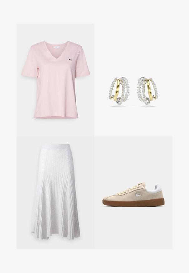 Tricou din bumbac de culoare roz pal cu decolteu în V și mâneci scurte, având un mic logo brodat cu un crocodil verde în partea stângă a pieptului.; pure cashmere FLARED SKIRT - Fustă în formă de A - light grey; Sneakers bej din suede cu călcâi din piele albă și talpă din cauciuc. Dispune de șireturi și un logo crocodil pe lateral. Design simplu.; Cercei hoop din aur și argint cu modele împletite, împodobiți cu pietre prețioase clare de-a lungul marginilor exterioare, evidențiind detalii elaborate.