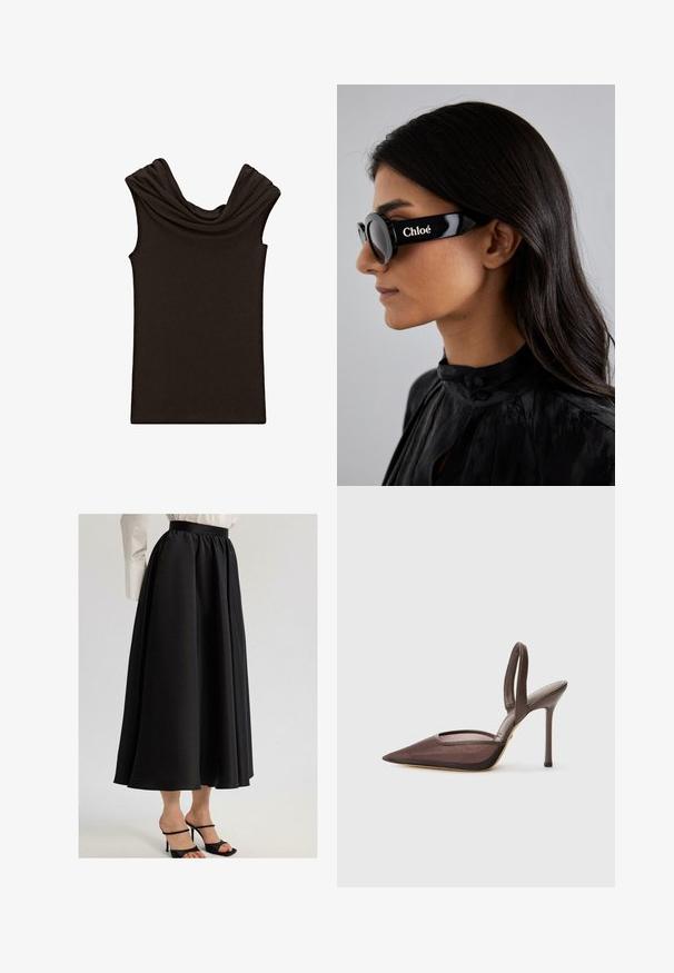 Tmavě hnědý bezrukávový top s volně splývajícím klapkým výstřihem a hladkou texturou, navržený s upnutým střihem a minimalistickým stylem.; Černá maxi sukně vyrobená z hladkého materiálu, s nařaseným pasem a splývavým střihem, v kombinaci s černými sandály na podpatku.; Hnědá slingback vysoká botička s špičatou špičkou a síťovaným překrytem. Má tenký podpatěk a otevřenou část po stranách.; Černé sluneční brýle s kulatými skly a výraznými, ostrými rámy, na boku s bílým nápisem "Chloé". Hladký, lesklý povrch.; Zlatý obdélníkový náramkový hodin s bílým ciferníkem, stříbrnými indexy a odolným kovovým náramkem. Obsahuje voděodolnou funkci.