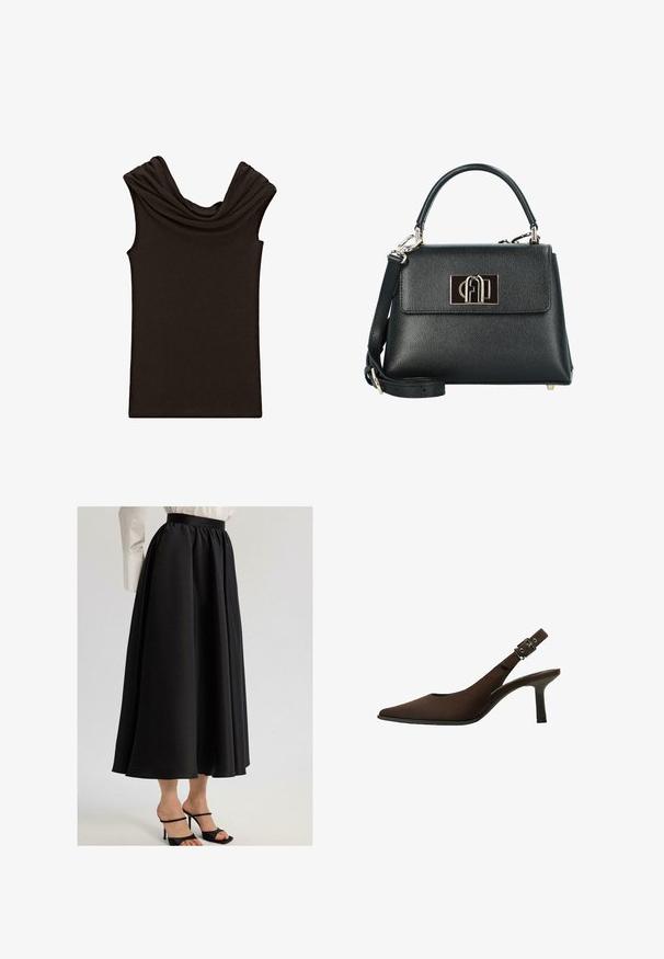 Tmavě hnědý bezrukávový top s volně splývajícím klapkým výstřihem a hladkou texturou, navržený s upnutým střihem a minimalistickým stylem.; Černá maxi sukně vyrobená z hladkého materiálu, s nařaseným pasem a splývavým střihem, v kombinaci s černými sandály na podpatku.; Hnědé semišové slingback lodičky s špičatou špičkou, elegantním designem, tenkým podpatkem a spony na kotníkovém popruhu.; Černá kožená kabelka s texturou a strukturovaným tvarem, vybavená vrchním uchem, odnímatelným ramenním popruhem a zapínáním s logem ve zlaté barvě.; Zlatý obdélníkový náramkový hodin s bílým ciferníkem, stříbrnými indexy a odolným kovovým náramkem. Obsahuje voděodolnou funkci.