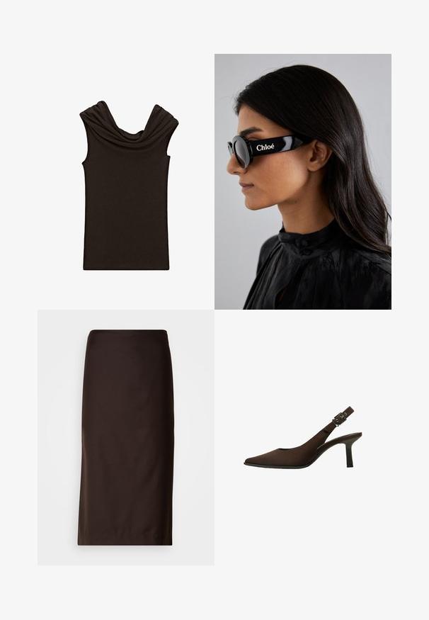 Haut sans manches marron foncé avec un col drapé et une texture lisse, conçu dans une silhouette ajustée et un style minimaliste.; Jupe crayon marron, de longueur genou, fabriquée en tissu lisse. Présente un design simple sans motifs ni embellissements visibles.; Escarpin slingback en daim marron avec un bout pointu, un design épuré, un talon fin et un accent de boucle sur la bride de cheville.; Lunettes de soleil noires avec des verres ronds et des montures audacieuses et angulaires présentant la marque "Chloé" en blanc sur le côté. Fini lisse et brillant.; Sac à main en cuir texturé marron avec quincaillerie dorée, anse supérieure et bandoulière amovible. Présente un rabat avant et un détail de logo.; Montre-bracelet rectangulaire dorée avec un cadran blanc, des index horaires argentés et un bracelet en métal durable. Fonction étanche incluse.