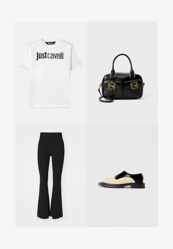 Witte katoenen t-shirt met de tekst "Just Cavalli" in zwart met een gestructureerde afwerking. Klassiek ronde hals en korte mouwen.; Zwarte flarepants van rekbare stof, met een hoge taille en een glad, onversierd oppervlak. Eenvoudig en aansluitend ontwerp.; Bicolor veterschoen met een romige beige leren voorkant en een glanzend zwarte leren achterkant, voorzien van een dikke zwarte textured zool.; Zwarte, gestructureerde leren handtas met dubbele handvatten aan de bovenkant, twee voorzakken en gouden hardwareaccenten. Voorzien van een afneembare schouderriem.