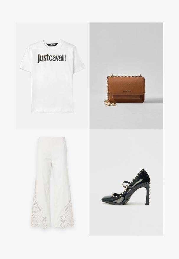 Bijela pamučna majica s natpisom "Just Cavalli" u crnoj boji s teksturiranim završetkom. Klasičan okrugli izrez i kratki rukavi.; Široke hlače od bijelog materijala s složenim bež vezenim uzorcima i valovitim rubovima na donjim nogavicama.; Crna lakirana visokotateljna cipela s ušiljenim prstom, remenom oko gležnja i zlatnim zakovicama duž rubova.; Smeđa kožna torba preko tijela s teksturom, zlatnim lančićem i preklopom na zatvaranju. Na prednjoj strani nalazi se detalj s potpisom i džep ispod preklopa.