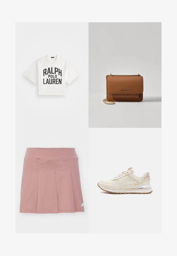 Lühi valgest puuvillaste t-särgist, millel on julge must tekst "RALPH" sõna "POLO LAUREN" kohal. Lühikesed varrukad, ümmargune kaelus, lihtne disain.; Roosa spordiskirts, millel on sobiv vöökoht ja volditud disain. Valmistatud kergest kangast, mis sisaldab logodetaili allnurgas.; Valge nahast tennis jalanõud, millel on nahast ja võrkkanga detailid, ümmargune varvas, lipsud ees, kuldse tooni aukudega ja hõbedane kanna detail.; Pruun tekstureeritud nahk ristkeha kott kuldse ahelaga rihmaga ja klapiga sulgemine. Esiküljel on logo detail ja tasku klapi all.