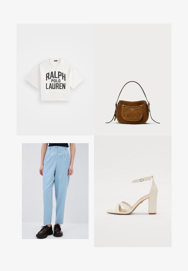 Zugeschnittenes weißes Baumwoll-T-Shirt mit fettem schwarzen Text "RALPH" über "POLO LAUREN". Kurze Ärmel, runder Halsausschnitt, einfaches Design.; Helle blaue, maßgeschneiderte Hose mit Bügelfalten, versehen mit einem Knopfverschluss und Taschen. Kombiniert mit dunklen, geschnürten Schuhen und einem dunklen Oberteil.; Cremefarbene, hochhackige Sandale mit quadratischer Zehenpartie, überkreuzten Riemen, Knöchelriemen mit Schnalle und blockigem Absatz. Glatte Lederstruktur.; Schultertasche aus Wildleder in Braun mit geschwungener Form, kontrastierenden Nähten, goldfarbenen Hardware-Akzenten und einer mit Reißverschluss versehenen Fronttasche.