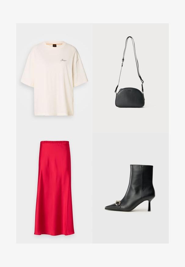 White oversized T-shirt made of soft fabric, featuring a round neck and short sleeves, with a small black "Boss" logo on the front.; Satin red midi skirt with an elastic waistband, smooth texture, and a flowing silhouette tapering towards the hem.; Black leather ankle boot with pointed toe, slim mid-height heel, and silver buckle detail on side against plain background.; Black leather crossbody bag with a rounded shape, two adjustable straps, and a subtle logo on the front. Textured exterior, minimalistic design.