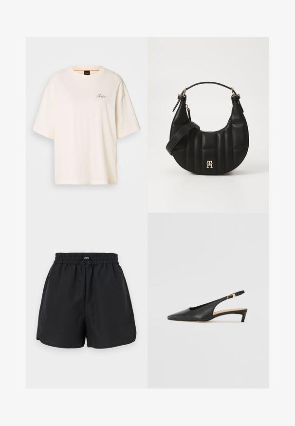 Balts pārējo izmēru T-krekls, kas izgatavots no mīkstas auduma, ar apaļu apkakli un īsām piedurknēm, uz priekšpuses ir neliels melns "Boss" logo.; Melnas šortus ar elastīgu jostu, auklu detalizāciju un sānu šķēlumiem. Izgatavoti no viegla auduma, piedāvā atbrīvotu piegriezumu.; Melnas ādas siksniņu kurpes ar norādītu purngalu, zemu papēdi un regulējamu potītes siksniņu ar zelta tonēta sprādzi. Gluda tekstūra.; Melnas ādas rokassoma ar izliekumu formu, kā arī izšūtu tekstūru un zelta aksesuāriem. Iespējas iekļauj noņemamu plecu siksnu un logo detalizāciju.