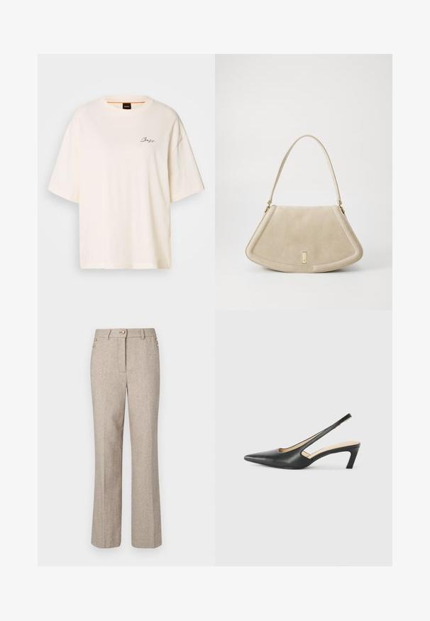 Weißes, übergroßes T-Shirt aus weichem Stoff, mit rundem Hals und kurzen Ärmeln, versehen mit einem kleinen schwarzen "Boss"-Logo auf der Vorderseite.; Beige Fischgrät-Hosen mit geradem Bein, ausgestattet mit zwei goldenen Knopfakzenten an der Taille und einem glatten, strukturierten Stoff.; Schwarzer spitz zulaufender Slingback-Schuh mit niedrigem Absatz, der aus glattem Leder gefertigt ist und seitliche Ausschnitte für Atmungsaktivität aufweist.; Beige Wildleder-Handtasche mit einer abgerundeten dreieckigen Form, einem einzelnen Riemen und einem goldfarbenen Hardware-Detail auf der Vorderseite.