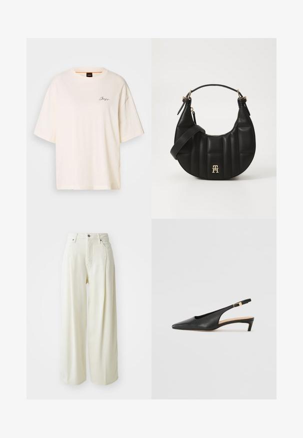 Weißes, übergroßes T-Shirt aus weichem Stoff, mit rundem Hals und kurzen Ärmeln, versehen mit einem kleinen schwarzen "Boss"-Logo auf der Vorderseite.; Weite Hosen aus weichem, cremefarbenem Stoff mit hoher Taille, zwei vorderen Taschen und klassischem Knopfverschluss. Glatte Textur ohne Muster.; Schwarze Leder Slingback-Pumps mit spitzer Zehe, niedrigem Absatz und verstellbarem Knöchelriemen mit einer goldfarbenen Schnalle. Glatte Textur.; Schwarze Lederhandtasche mit geschwungener Form, gequilteter Textur und goldenen Beschlägen. Sie verfügt über einen abnehmbaren Schultergurt und ein Logodetail.