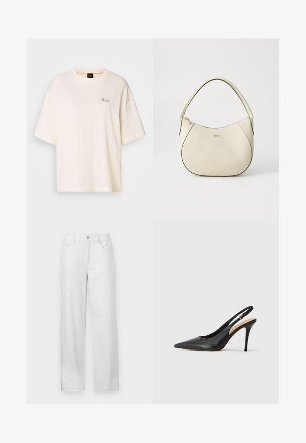 T-shirt oversized blanc en tissu doux, avec un col rond et des manches courtes, orné d'un petit logo noir "Boss" sur le devant.; Pantalons en denim blanc à coupe ample, avec une fermeture à bouton et zip, des passants de ceinture et un design traditionnel à cinq poches.; Escarpin à talon haut en cuir noir avec un bout pointu, une texture lisse et une délicate bride avec une boucle métallique.; Sac à main couleur crème avec une finition texturée, forme courbée, anses courtes et détail de logo doré. Fermeture éclair sur le dessus.