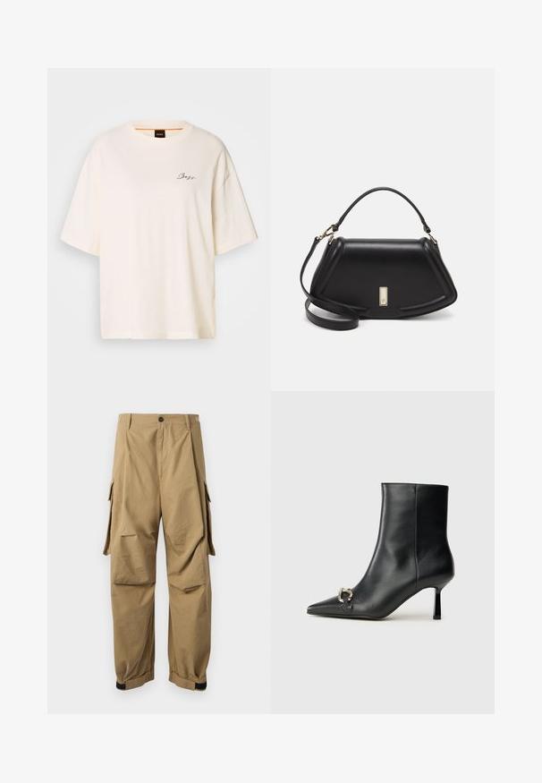 White oversized T-shirt made of soft fabric, featuring a round neck and short sleeves, with a small black "Boss" logo on the front.; Khaki cargo pants made of lightweight fabric, featuring side cargo pockets, a button closure, and elastic cuffs at the ankles.; Black leather ankle boot with pointed toe, slim mid-height heel, and silver buckle detail on side against plain background.; Black leather handbag with a structured design, featuring a cropped shape, top handle, and gold hardware accent. Adjustable shoulder strap included.