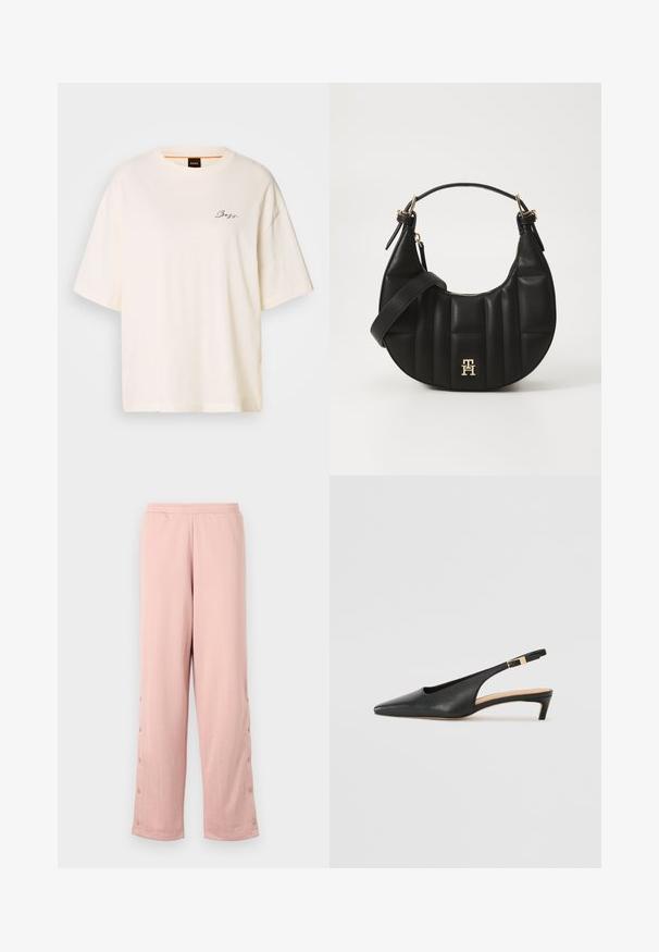Fehér, bő szabású póló puha anyagból, kerek nyakkal és rövid ujjakkal, az elején egy kis fekete "Boss" logóval.; Világos rózsaszín, széles lábú nadrág, puha anyagból készült, finoman domborított mintával és dekoratív gombokkal az oldalsó varrás mentén.; Fekete bőr slingback sarkú cipő, hegyes orral, alacsony sarokkal és állítható bokapánttal, aranyszínű csattal. Simább textúra.; Fekete bőrtáska ívelt formával, steppelt textúrával és arany hardware-rel. Levehető vállpánttal és logó részlettel rendelkezik.