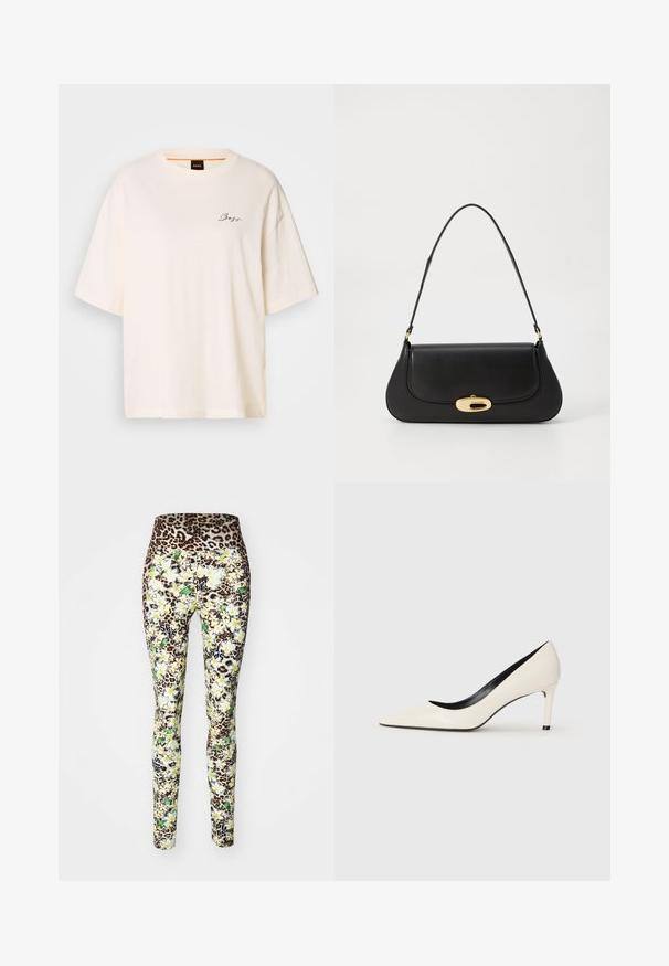 Valge üle mõõtme T-särk pehmest kangast, ümarate kaelustega ja lühikeste varrukatega, esiküljel väike must "Boss" logo.; Leggings, millel leopardimustriline vöökoht, lillemuster kollastes ja rohelistes toonides, liibuv kujundus ning mustad graafikud alumistes jalgades.; Valge patendi nahast kõrge kontsaga pump terava varbaga, peene kontsaga ja musta sisekujundusega. Silumine tekstuur ja stiilne disain.; Mustroone nahast käekott kaarjate vormidega, kuldse tooni detailide ja ülemise käepideme ning sujuva sulgemise ja sileda tekstuuriga.