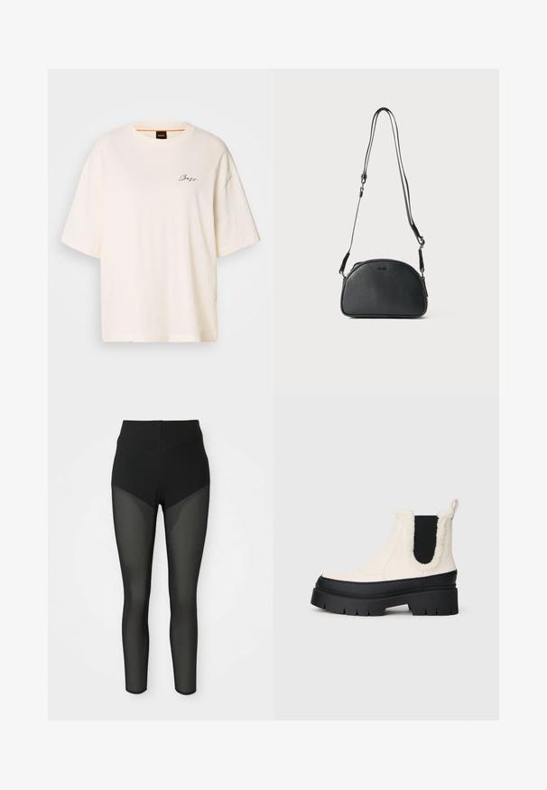 Fehér, bő szabású póló puha anyagból, kerek nyakkal és rövid ujjakkal, az elején egy kis fekete "Boss" logóval.; Fekete, magas derekú leggingek, félig átlátszó hálós panelek elöl a combokon és az alsó lábszáron, varrás nélküli dizájn, testhez simuló sziluett.; Söprű platform bokacsizma fehér felsőrésszel, fekete gumi talppal és kontrasztos fekete elasztikus oldalszíjakkal. Műszőrme díszítés a felső szélen.; Fekete bőr keresztpántos táska kerekded formával, két állítható pánttal és egy diszkrét logóval az elején. Texturált külső, minimalista dizájn.