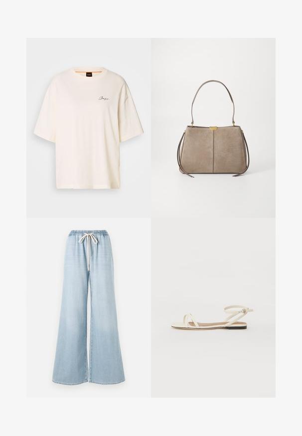 Hvit oversized T-skjorte laget av myk stoff, med rund hals og korte ermer, med en liten svart "Boss" logo på fronten.; Lyseblå vide denimbukser med elastisk midje og snøring, laget av denim, med en jevn tekstur.; Flate sandaler i kremfarget skinn med tynne kryssremmer, ankelsremsbånd med spenne, minimalistisk design og en kontrasterende svart såle.; Tommy Hilfiger CASUAL SHOULDER BAG - Håndveske - coastal taupe