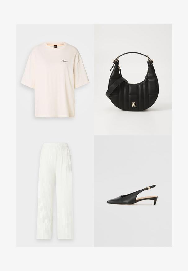 White oversized T-shirt made of soft fabric, featuring a round neck and short sleeves, with a small black "Boss" logo on the front.; White, pleated wide-leg pants with an elastic waistband. Made of lightweight fabric, featuring vertical stripes and a fluid fit.; Black leather slingback heel with a pointed toe, low heel, and an adjustable ankle strap featuring a gold-tone buckle. Smooth texture.; Black leather handbag with a curved shape, quilted texture, and gold hardware. Features a detachable shoulder strap and logo detail.