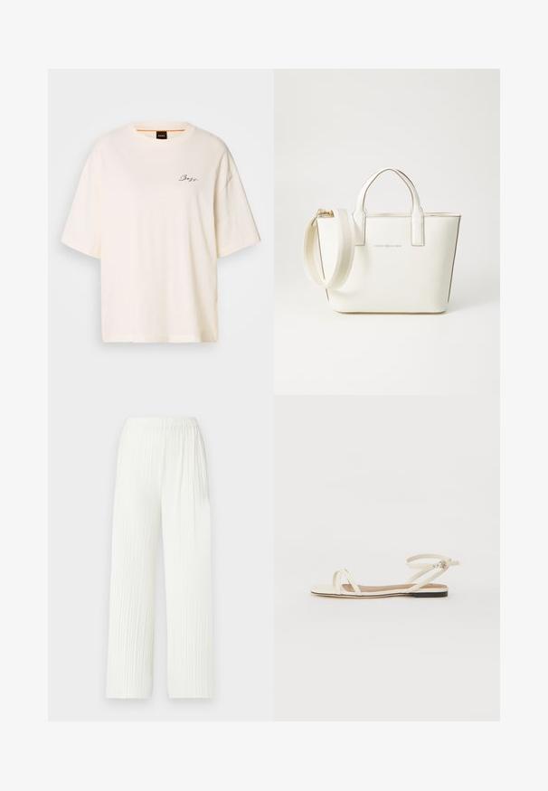 Camiseta blanca de gran tamaño hecha de un tejido suave, con cuello redondo y mangas cortas, que presenta un pequeño logo negro de "Boss" en la parte frontal.; Pantalones anchos plisados de color blanco con cintura elástica. Hechos de una tela ligera, presentan rayas verticales y un ajuste fluido.; Sandalias planas de cuero crema con tiras cruzadas delgadas, correa para el tobillo con hebilla, diseño minimalista y suela negra en contraste.; Bolso de mano de cuero sintético blanco con asas cortas, correa de hombro ajustable y herrajes en tono dorado; presenta un sutil logo en la parte frontal.