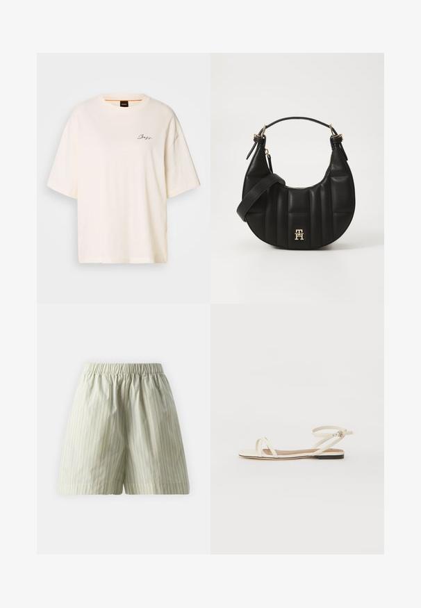Bílé oversize tričko vyrobené z měkké tkaniny, s kulatým výstřihem a krátkými rukávy, s malým černým logem "Boss" na přední straně.; Světle zelené bavlněné šortky s vertikálními bílými pruhy, elastickým pasem a volným, uvolněným střihem. Hladká textura.; Ploché sandály z krémové kůže s tenkými křížovými popruhy, nártní popruh s přezkou, minimalistický design a kontrastní černá podrážka.; Černá kožená kabelka s zakřiveným tvarem, prošívanou texturou a zlatými detaily. Obsahuje odnímatelný ramenní popruh a detail s logem.