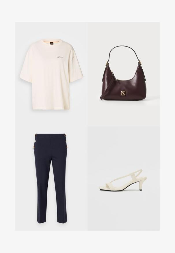T-shirt oversized blanc en tissu doux, avec un col rond et des manches courtes, orné d'un petit logo noir "Boss" sur le devant.; Pantalons bleu marine en tissu lisse, avec une coupe ajustée, une texture discrète et des accents de boutons dorés sur les poches latérales.; Sandales beiges à talons carrés avec des fines brides et un bout carré. Matière lisse avec des détails minimaux, conçues pour un port facile.; Sac à main en cuir bordeaux avec une forme incurvée, accents dorés sur la quincaillerie et une fermeture éclair. Dispose d'une bandoulière amovible.