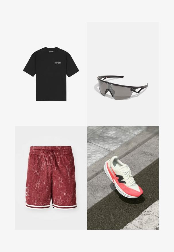 Black cotton t-shirt featuring a crew neck, short sleeves, and a white printed logo on the chest. Simple design with a relaxed fit.; Red mesh shorts with a textured pattern, white accents, and a drawstring waist. Features side pockets and a logo on the left leg.; Lightweight running shoe with a cream upper, pink accents, and a black logo. Features a streamlined shape and textured sole for traction.; Sport sunglasses with a black frame, gray lens, aerodynamic design, and angular shape; features accentuated temples and nose bridge.