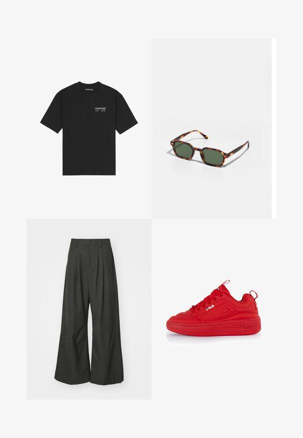 Black cotton t-shirt featuring a crew neck, short sleeves, and a white printed logo on the chest. Simple design with a relaxed fit.; Jaded London GOLIATH TROUSER UNISEX - Trousers - grey; Red sneakers with a sleek design, made of synthetic material. Features a round toe, thick sole, textured accents, and prominent brand logo.; Tortoiseshell sunglasses with green lenses, featuring an octagonal shape and slim, curved arms. Material has a glossy finish.