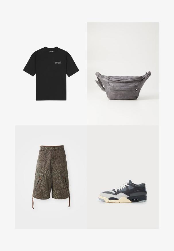 Sort bomulds T-shirt med rund hals, korte ærmer og et hvidt trykt logo på brystet. Simpelt design med en afslappet pasform.; Kamuflage cargo shorts i grøn og brun med leopardmønster, der har flere lommer, justerbare snore og forstærkede stingdetaljer.; Sneaker med en overdel i blandede materialer i grå og marineblå, polstret sål, hvide snørebånd og et blåt akkcentlogo på hælen.; Grå suedefanny pack med en rund form, to lynlåslommer og justerbart strop. Har metalhardware detaljer.