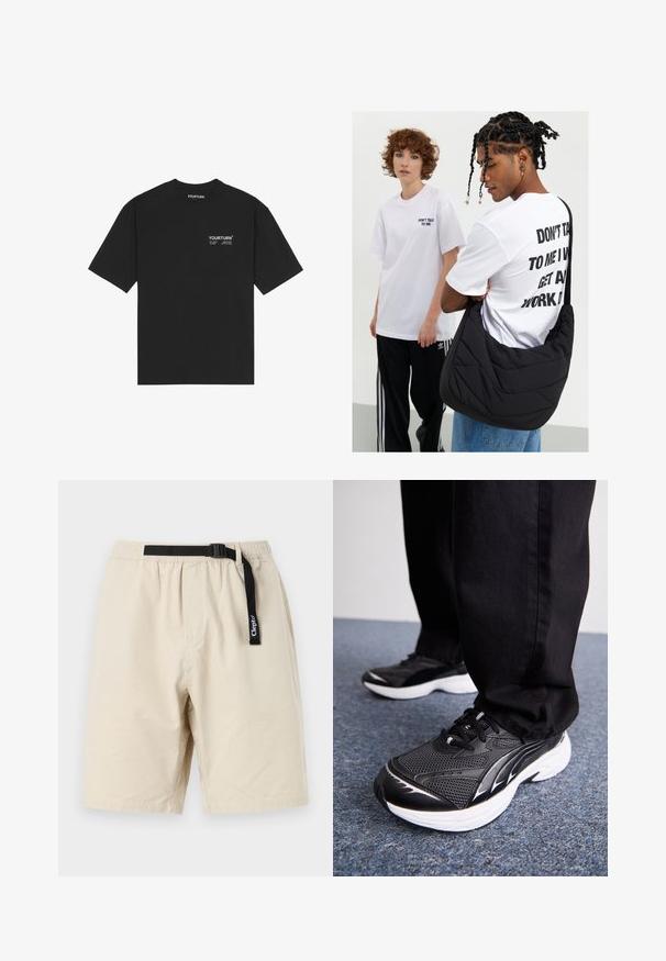 Črna bombažna majica s kratkimi rokavi, okroglo izrezana, z belim tiskanim logotipom na prsih. Preprost dizajn z ohlapnim krojem.; Bež kratke hlače z elastičnim pasom in črnim nastavljivim pasom. Narejene so iz lahkotnega materiala, z enostavnim dizajnom in ravnim krojem.; Črne športne čevlje z mrežasto površino, belim podplatom in črnimi detajli. Podplat ima teksturo. Nošeni so z črnimi hlačami na modri preprogi.; Črna prešita torba za ramo z mehkimi teksturami, ki jo nosi oseba v beli grafični majici z odštevilčenim besedilom. Priložnostna obleka z denimom.