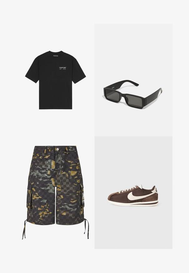T-shirt en coton noir avec un col rond, des manches courtes et un logo imprimé blanc sur la poitrine. Design simple avec une coupe décontractée.; Shorts cargo en tissu camouflage avec des motifs gris foncé, verts et jaunes. Comprend des poches latérales et des cordons de serrage ajustables.; Baskets brunes en mélange de daim et de toile, avec un logo Swoosh blanc de Nike et une semelle extérieure en caoutchouc texturé.; Lunettes de soleil noires avec des verresrectangulaires, monture en plastique mat et bords droits. Présente le logo de la marque sur le bras intérieur.