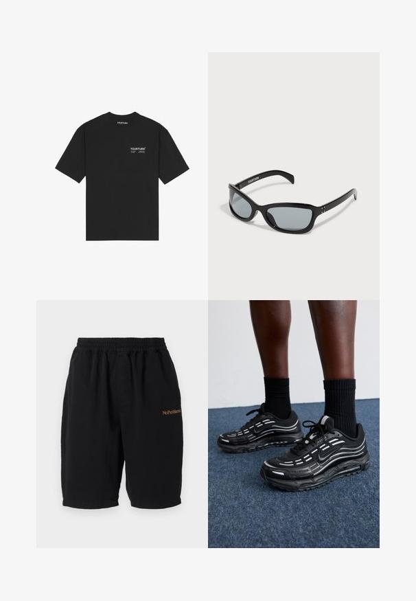 Sort bomulds T-shirt med rund hals, korte ærmer og et hvidt trykt logo på brystet. Simpelt design med en afslappet pasform.; Sorte bomulds shorts med elastisk linning, lige snit og sidelommer. Funktioner "No Problemo" broderet i orange foran.; Sorte Nike sko har et mesh-overdel med accentstriber, tekstureret snørering og en sort gummisål. Båret med sorte ribbede sokker.; Sorte solbriller med et slankt, vinklet design. Har grå linser og skinnende plastikrammer. Inkluderer små metalaccenter og branding på armen.