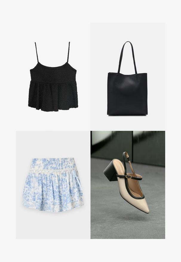 Čierny peplum top s tenkými nastaviteľnými ramienkami. Textúrovaná, zvrásnená tkanina, priliehavý korzet, rozšírená dolná časť, bez viditeľného hardvéru alebo vzorov.; Modrá sukňa s kvetinovým vzorom vyrobená z ľahkého materiálu. Obsahuje smockovaný pás, vrstvený dizajn a dekoratívnu stuhu.; Béžová lodička so špicatou špičkou, s čiernym lemom, zlatou prackou a robustným blokovým podpätkom na šedom podlahe s tmavozeleným pozadím.; Čierna kožená taška na rameno s hladkým povrchom, obdĺžnikovým tvarom a dvoma dlhými uchami. Bez viditeľného kovania alebo ozdôb.