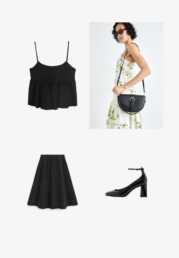 Black peplum top with thin adjustable straps. Textured, crinkled fabric, fitted bodice, flared lower section, no visible hardware or patterns.; Black knee-length skirt made of smooth fabric with an elastic waistband, featuring white stitching along the seams and hem.; Black patent leather ankle strap pump with a glossy finish, pointed toe, and a thick block heel. Smooth texture, minimal detailing.; Black leather handbag with a curved shape, detachable strap, and gold hardware. The bag features a flap with a buckle detail.