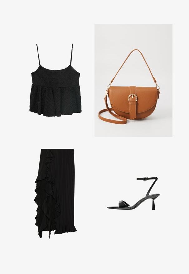 Crni peplum top s tankim podesivim trakama. Teksturovana, naborana tkanina, priljubljen bodice, lepršavi donji deo, bez vidljivih metalnih delova ili uzoraka.; Crna suknja od mekog materijala s naboranim detaljem duž lijeve strane i volanima na dnu, stvarajući lepršavu siluetu.; Bershka Sandale s visokom petom - black; Smeđa kožna torba preko tijela s zakrivljenim oblikom, zlatnim metalnim detaljima i naglaskom na kopču. Ima odvojivu naramenicu.