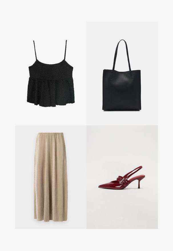 Top peplum negru cu bretele subțiri ajustabile. Țesătură texturată, creponată, cu un corset ajustat și o secțiune inferioară evazată, fără elemente metalice sau modele vizibile.; Fustă midi plisată bej, cu un talie elastică, prezentând dungi verticale și o siluetă fluidă pentru libertatea de mișcare.; Pantofi cu toc slingback din piele roșie lacuită, cu vârf ascutit, două curele cu cataramă și un toc subțire, de înălțime medie. Textură netedă.; Geantă tote neagră din piele, cu textură netedă, formă rectangulară și două mânere lungi. Fără hardware vizibil sau ornamente.