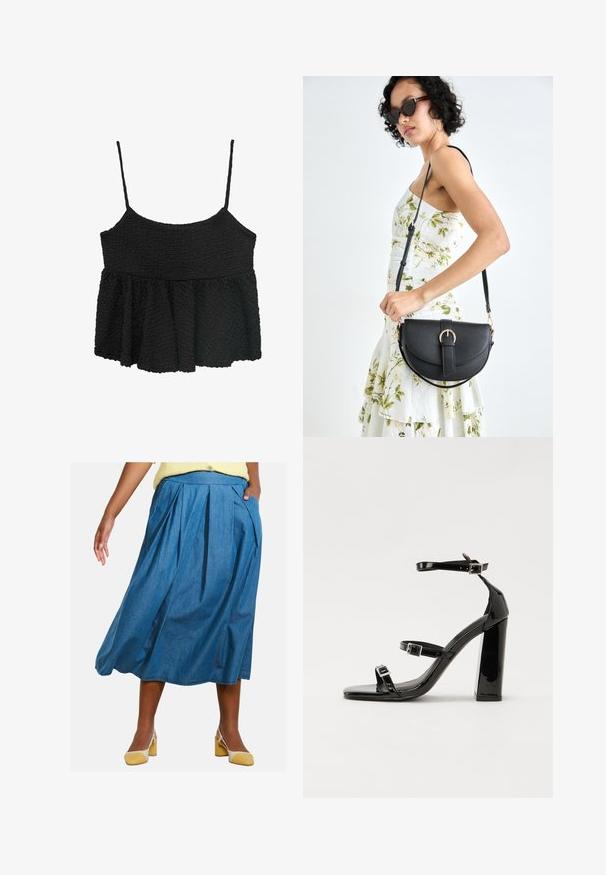 Čierny peplum top s tenkými nastaviteľnými ramienkami. Textúrovaná, zvrásnená tkanina, priliehavý korzet, rozšírená dolná časť, bez viditeľného hardvéru alebo vzorov.; Džinová midi sukňa s plisovaním, má vysoký pás a bočné vrecká, v strednej modrej farbe, s hladkou textúrou.; Čierne lakované sandále na vysokom opätku s dvoma prackami, štvorcovou špičkou a hrubým blokovým opätkom, s hladkou, lesklou textúrou.; Čierna kožená kabelka s zaobleným tvarom, odnímateľným popruhom a zlatými doplnkami. Kabelka má klopu s detailom s prackou.