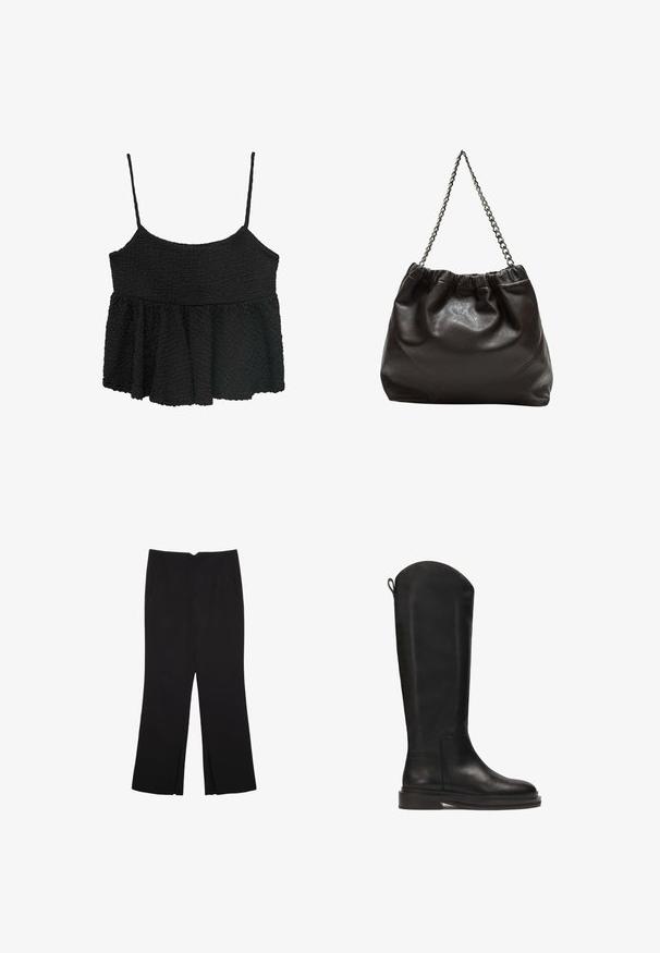 Černý peplum top s tenkými nastavitelnými ramínky. Texturovaná, zmačkaná látka, přiléhavý korzet, rozšířená spodní část, žádné viditelné kování nebo vzory.; Černé kalhoty s rovným střihem, s předními kapsami a bočními rozparky na lemu. Vyrobené z jemné, hladké tkaniny. Vhodné na různé příležitosti.; Černá kožená vysoká bota až k kolenům s hladkým povrchem, zaobleným vrškem, pevnou podešví a minimalistickým designem. Obsahuje poutko na zadní straně pro snadné oblékání.; Hnědá kožená taška se sbíraným vrškem a řetízkovým popruhem. Hladký povrch s lesklým finišem a jemným švem na bocích.