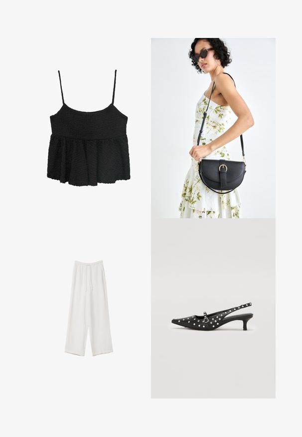 Čierny peplum top s tenkými nastaviteľnými ramienkami. Textúrovaná, zvrásnená tkanina, priliehavý korzet, rozšírená dolná časť, bez viditeľného hardvéru alebo vzorov.; Biele široké nohavice vyrobené z ľahkej tkaniny. Obsahujú elastický pás so sťahovacou šnúrkou a bočné vrecká. Hladká textúra.; Čierne slingback topánky s špičatou špičkou, zdobené striebornými cvokmi, so slabým opätkom a detailom s prackou.; Čierna kožená kabelka s zaobleným tvarom, odnímateľným popruhom a zlatými doplnkami. Kabelka má klopu s detailom s prackou.